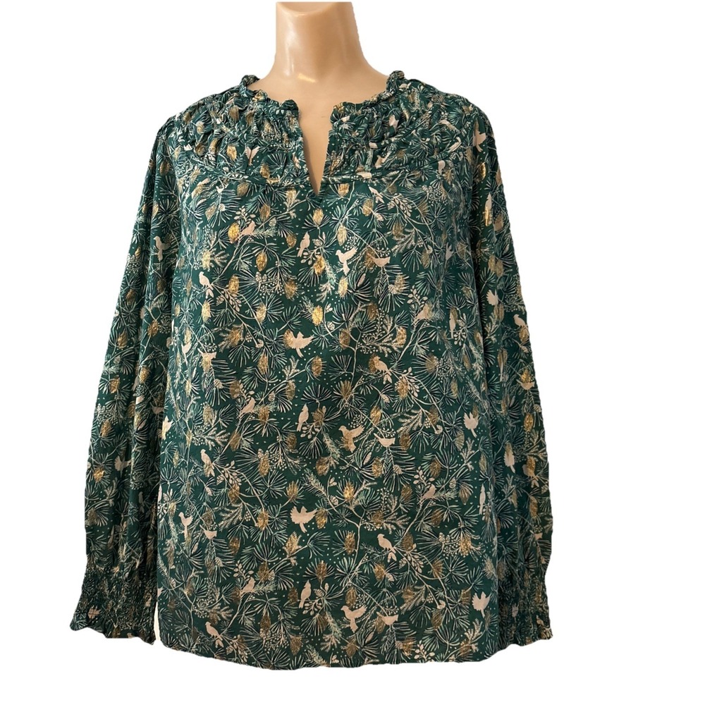 Talbots Large Shirred top birds of paradise green metallic thead Holiday Festive